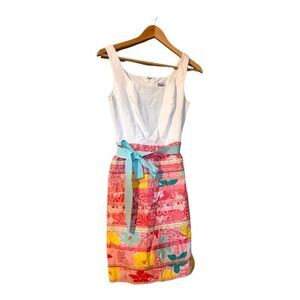 Vintage Lilly Pulitzer 2 Belted Tea Dress Colorblock White Pink Floral Stripe